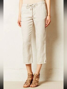 Marrakech Anthropologie Beige Grey Striped Cropped Paden Linen Trousers Pants 32